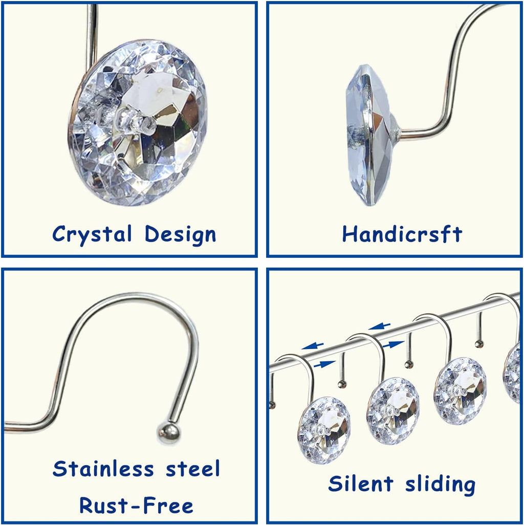 Romantic Angels 12PCS Shower Curtain Hooks Rings for Bathroom, Stainless Steel Rust Resistant Decorative Rhinestones Shower Curtain Hooks for Shower Curtains and Shower Rod (Silver)