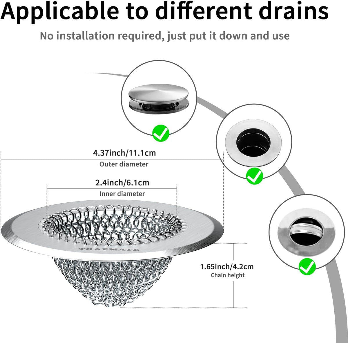 Shower Drain Cover Bathtub Stopper, 4.4" Hair Catcher for Bath, Tub & Sink