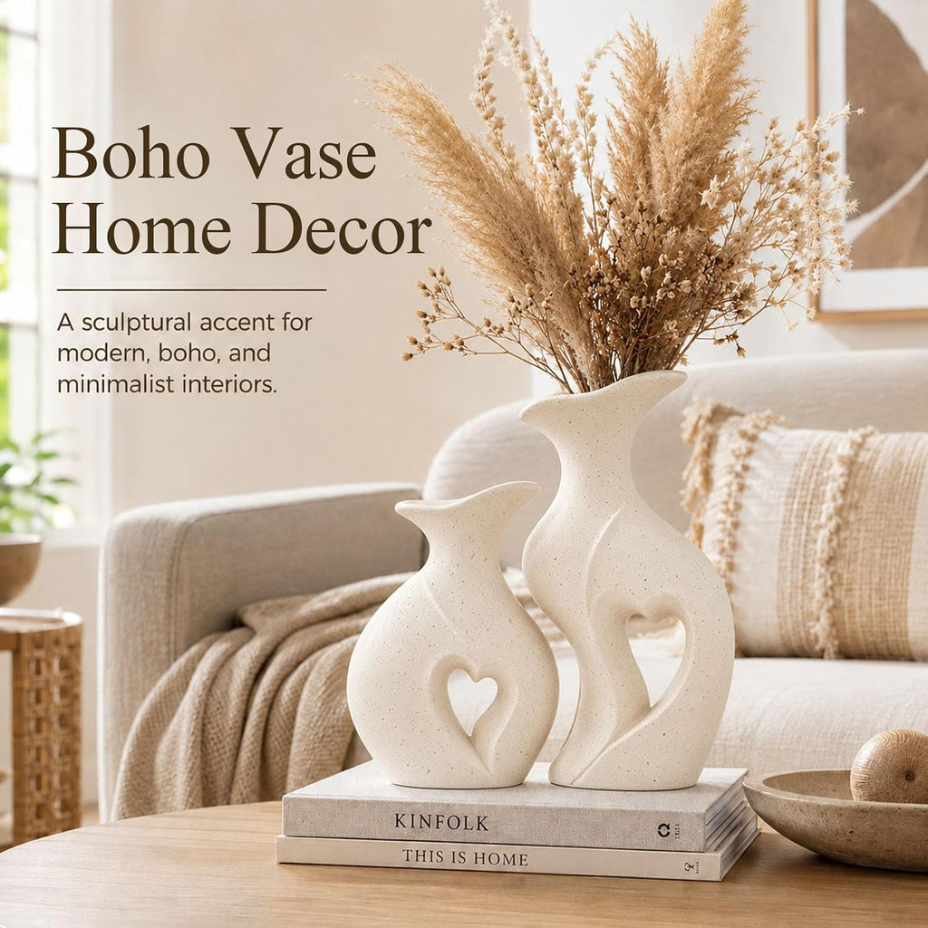 Ceramic Vase for Centerpieces Boho Rustic Vase Set of 2 (Cream)