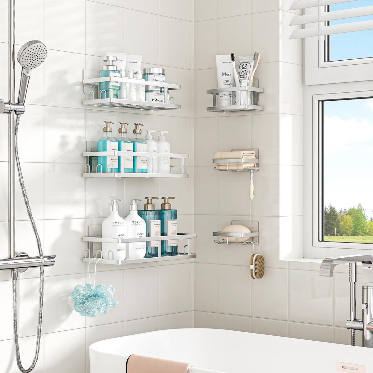 Youvip 6 Pack Shower Shelves, No Drilling Shower Organizers, Silver