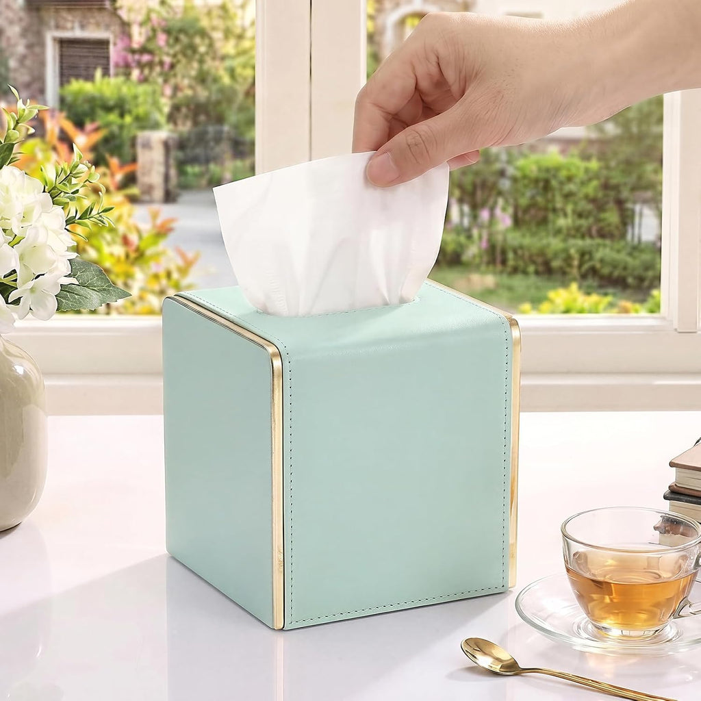 Sumnacon PU Square Tissue Box Cover, Magnetic Bottom, Waterproof,Mint Green