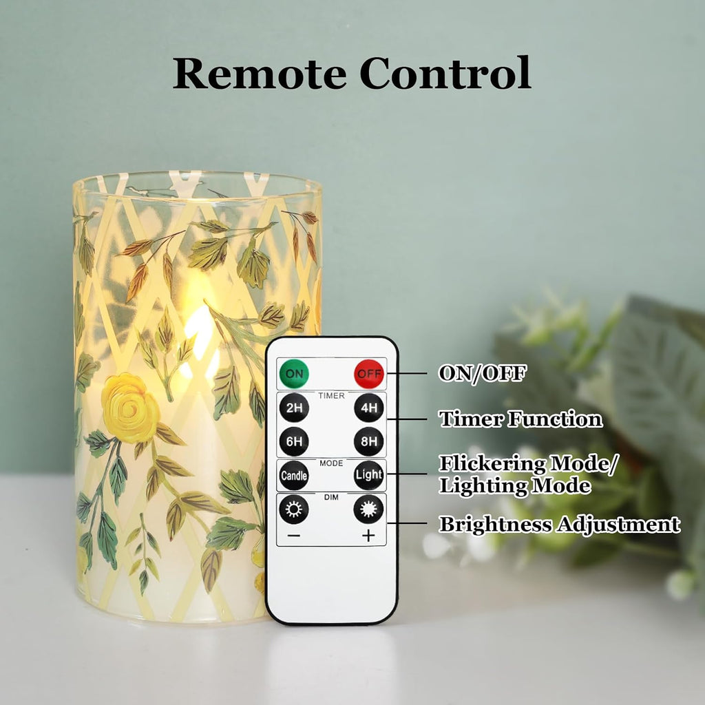 Yellow Glass Flameless Candles with Remote Vintage Rose LED Pillar Candles Battery Operated Timer & Dimmable Candle Light Rustic Farmhouse Decor for Room Wedding Table Centerpiece, 3 Pack