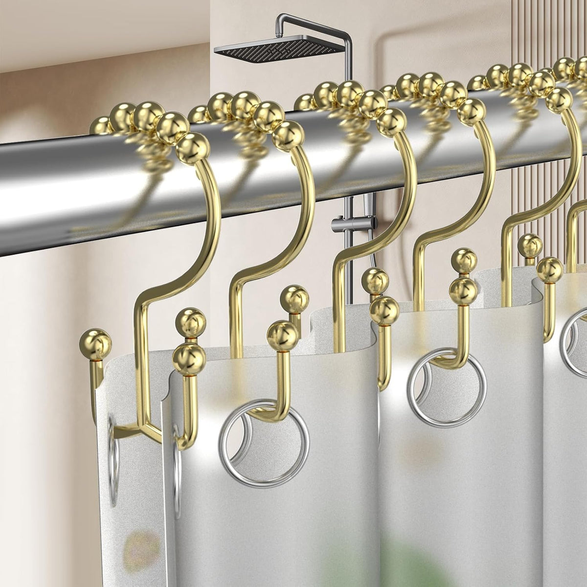 Shower Curtain Hooks Rings,Ball Bearing Stainless Steel Gold Shower Hooks,Double Glide Rust-Resistant Shower Curtain Hangers for Bathroom Shower Rods Curtains,Set of 12