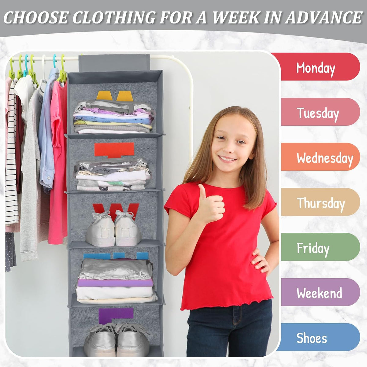 Hahafelt 2pcs 5 Shelf Weekly Clothes Organizer for Kids, Grey