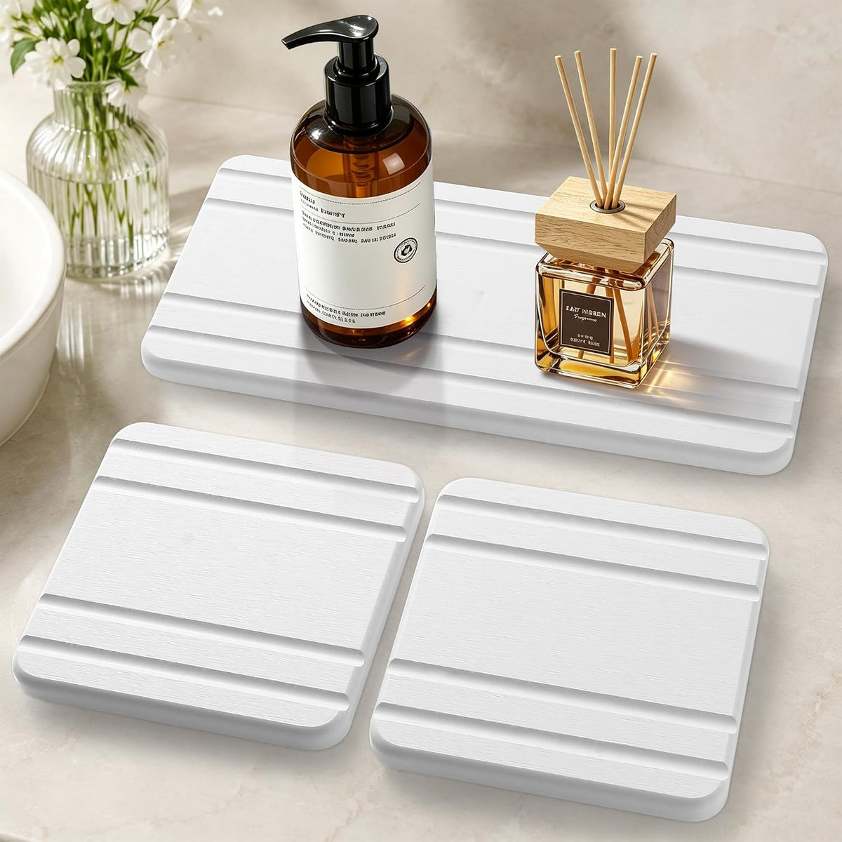 3PCS Diatomite Water Absorbing Stone Tray for Sink, Fast Drying Stone Drying Tray, Faucet Mat for Kitchen Sink and Counter, Bathroom Trays, Holders & Vanity Organizers White-Multi-Oval-8.3"x 4"+4"x 4"