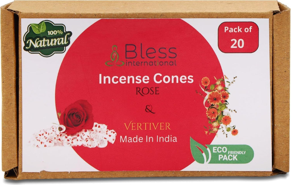 Bless International Rose and Vertiver 100%-Natural-Incense-Cones Handmade-Hand-Dipped Organic-Chemicals-Free for-Purification-Relaxation-Positivity-Yoga-Meditation (20 Count)