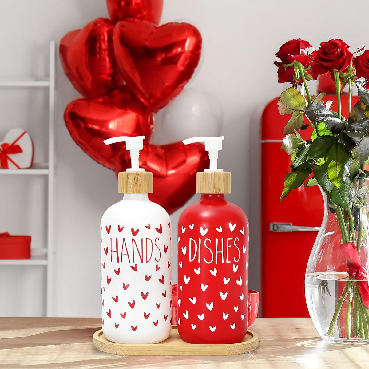 FYSUIMU 2 Pcs Valentine's Day Soap Dispenser Glass Soap Dispenser with Pump Red White Heart Refillable Liquid Container for Hands Dishes Party Home Kitchen Bathroom Decor