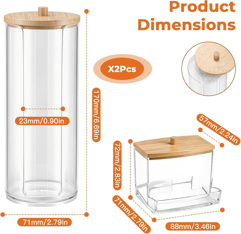 2 Pcs Cotton Pad Holder, Bathroom Makeup Organizers Containers for Cotton Ball/Swab/Round Pads/Floss/Hair Ties Canister Vanity Storage Jars Dispenser Holder wuth Bamboo Lid