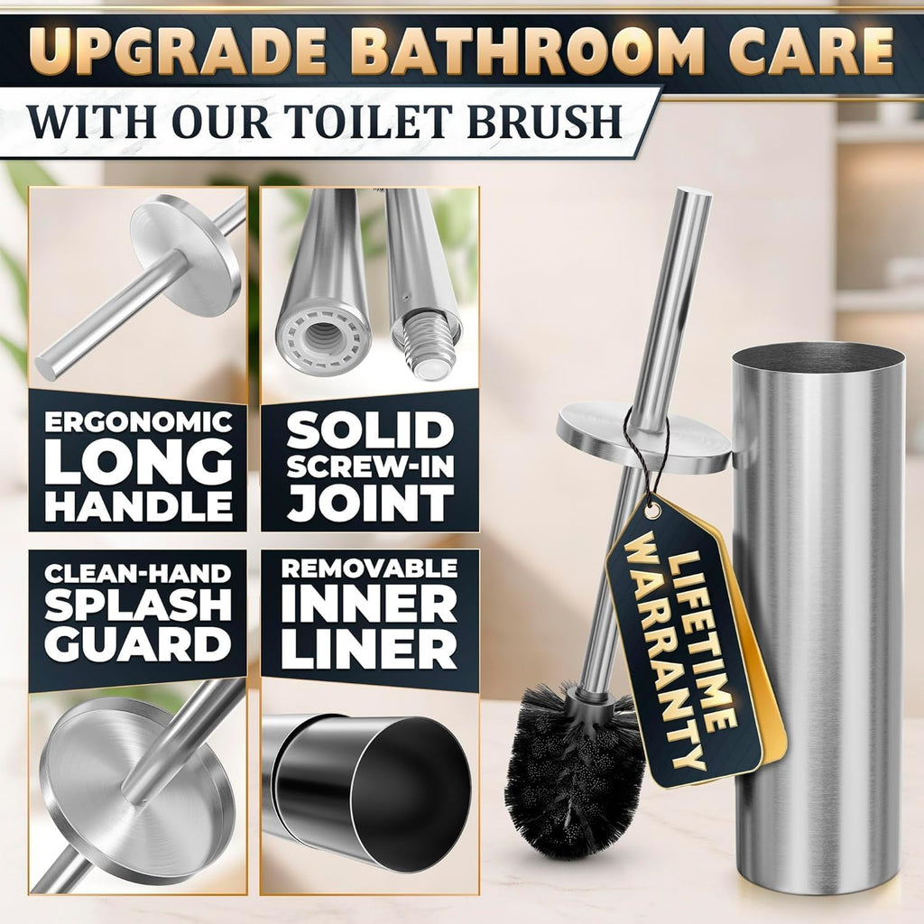 Silver Toilet Brush and Holder Set, Freestanding, Splash Protection