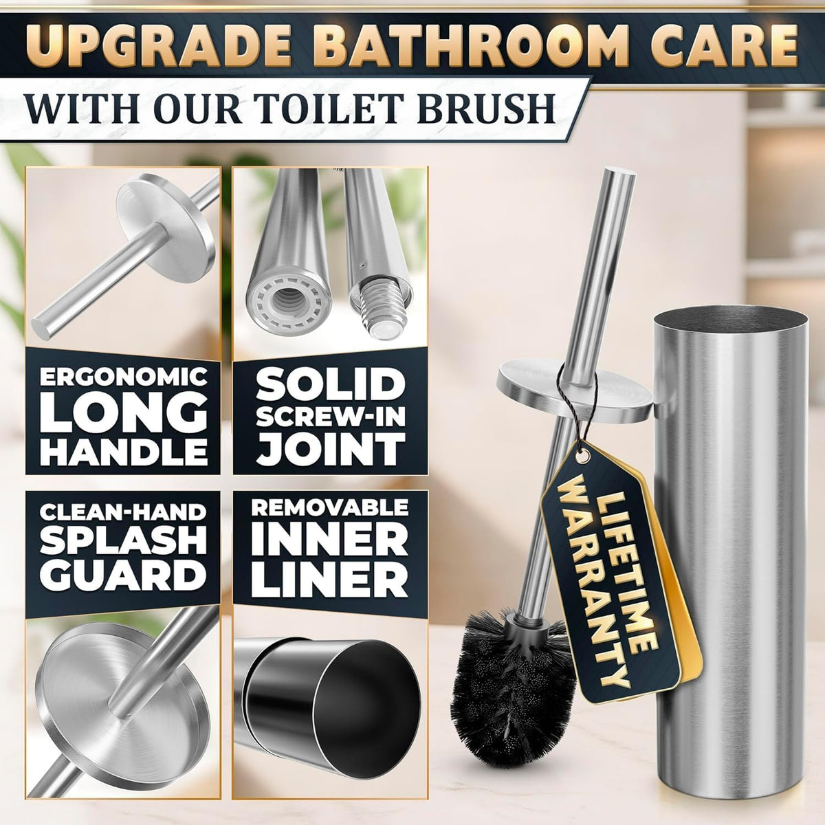 Silver Toilet Brush and Holder Set, Freestanding, Splash Protection