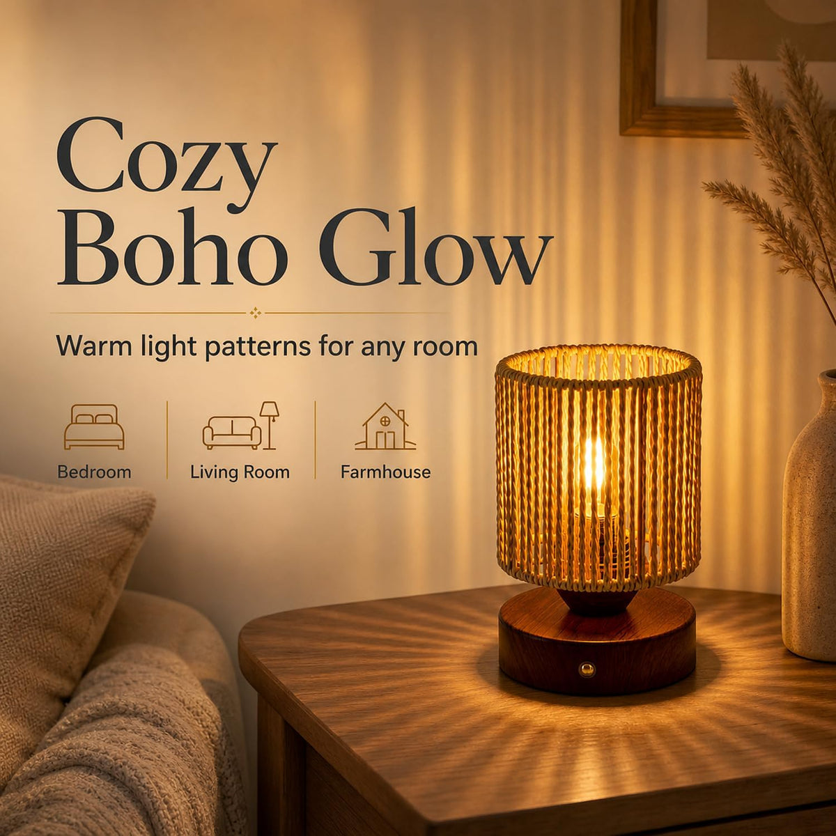 Cordless Rattan Table Lamp, 5000mAh Rechargeable Battery Operated Bedside Lamp with Edison Bulb, Stepless Dimmable Boho Cylinder Desk Light for Bedroom Living Room