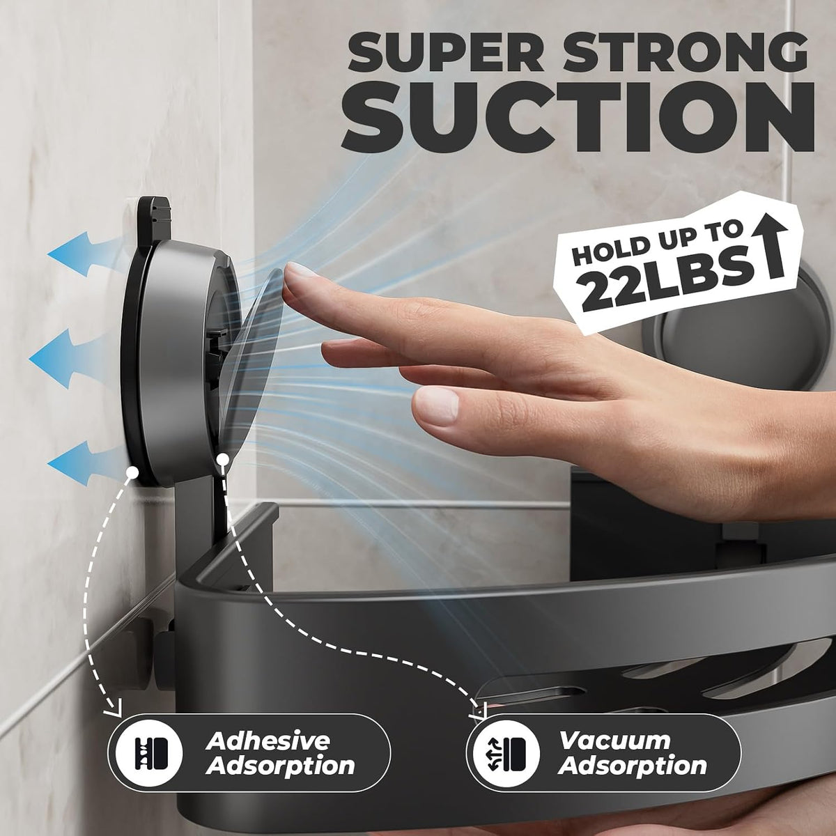 Corner Shower Caddy Suction Cup,Shower Shelves with Hooks,No Drilling Powerful Upgrade Suction Bathroom Corner Organizers and Storage,Removable Waterproof Rustproof Shower Shelf Bathroom Decor