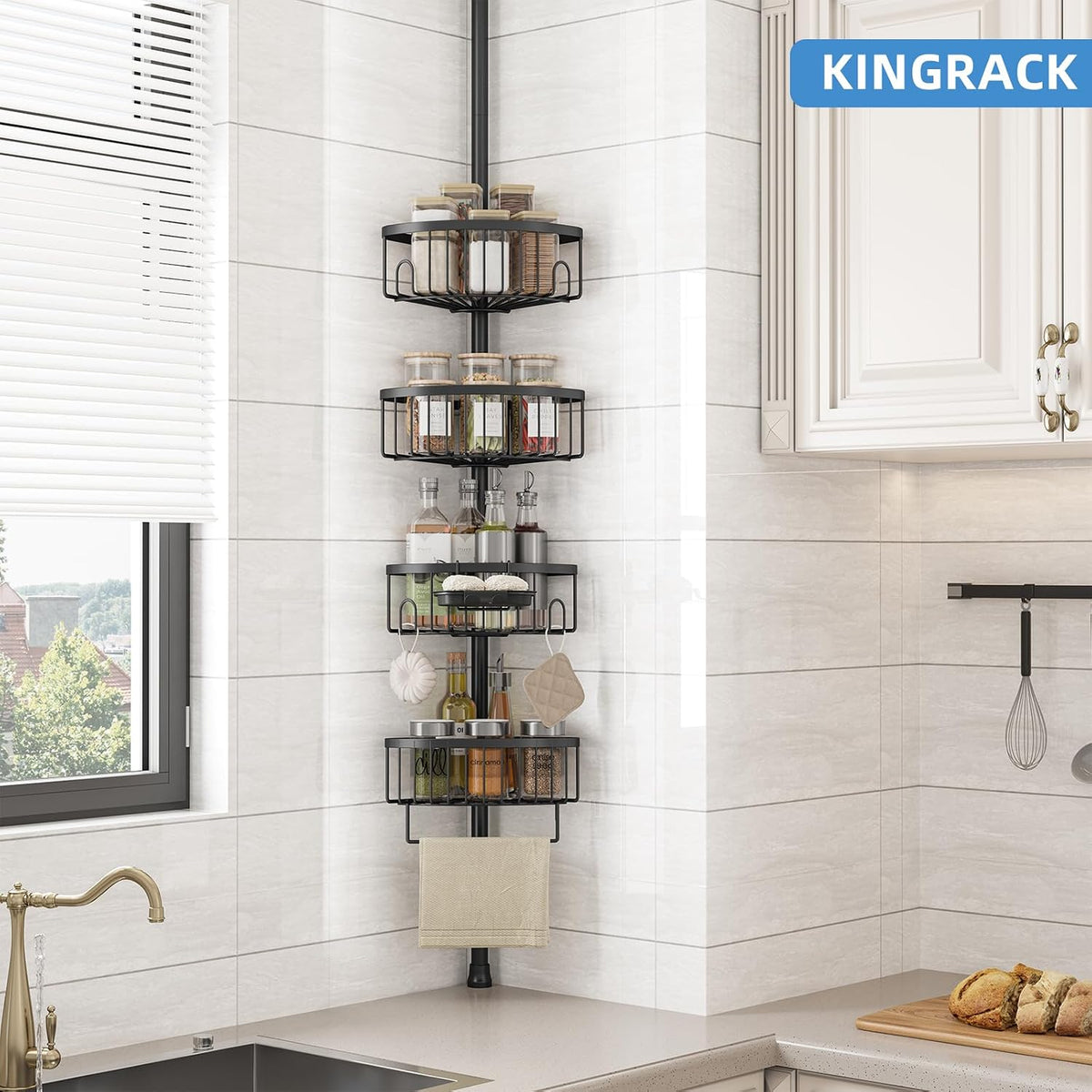 KINGRACK 4-Tier Tension Pole Shower Caddy,Corner Shelf for Storage, Black