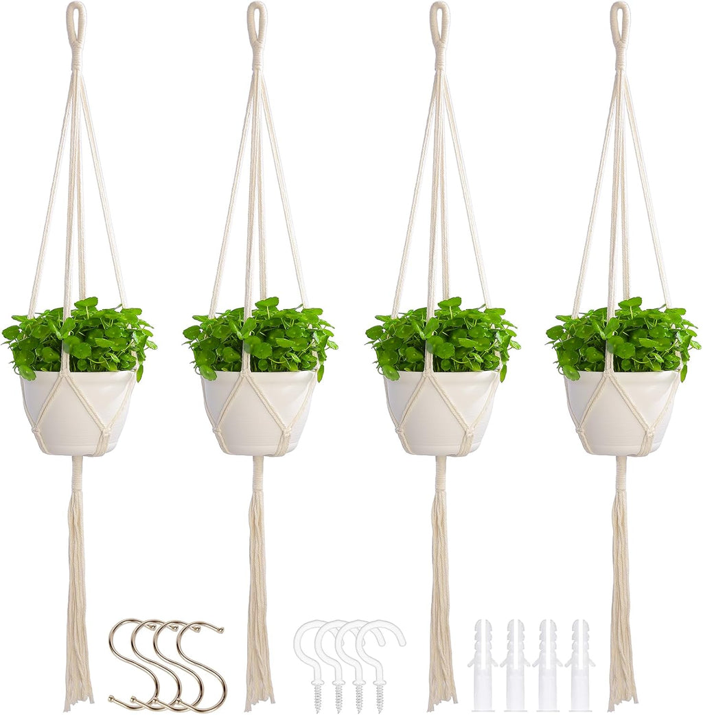 4 Pack Macrame Plant Hangers Indoor Set Large Crochet Hanging Holder, Ivory