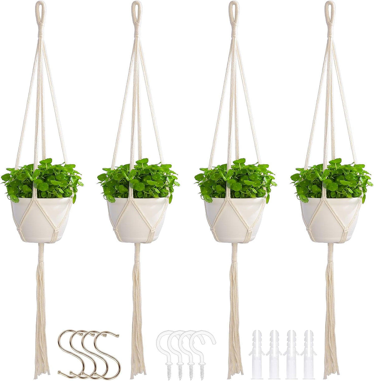 4 Pack Macrame Plant Hangers Indoor Set Large Crochet Hanging Holder, Ivory