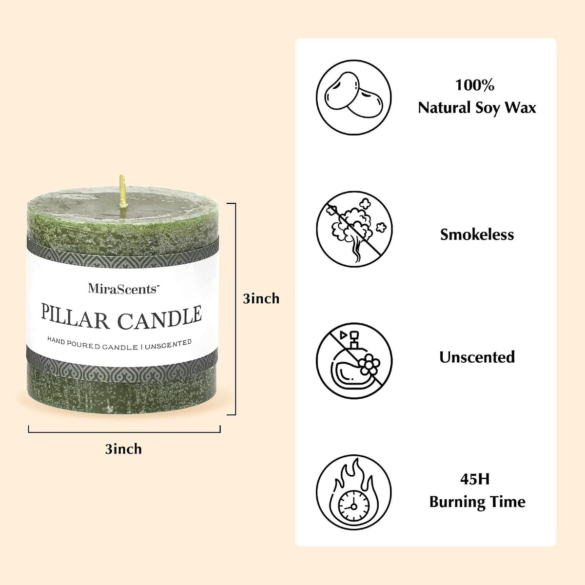 3x3 Inch Moss Green Pillar Candles - Set of 3, Long Clean Burning, Smokeless Dripless Candles for Spring Home Decor, Dinner Table, Bathroom, Rustic Decor