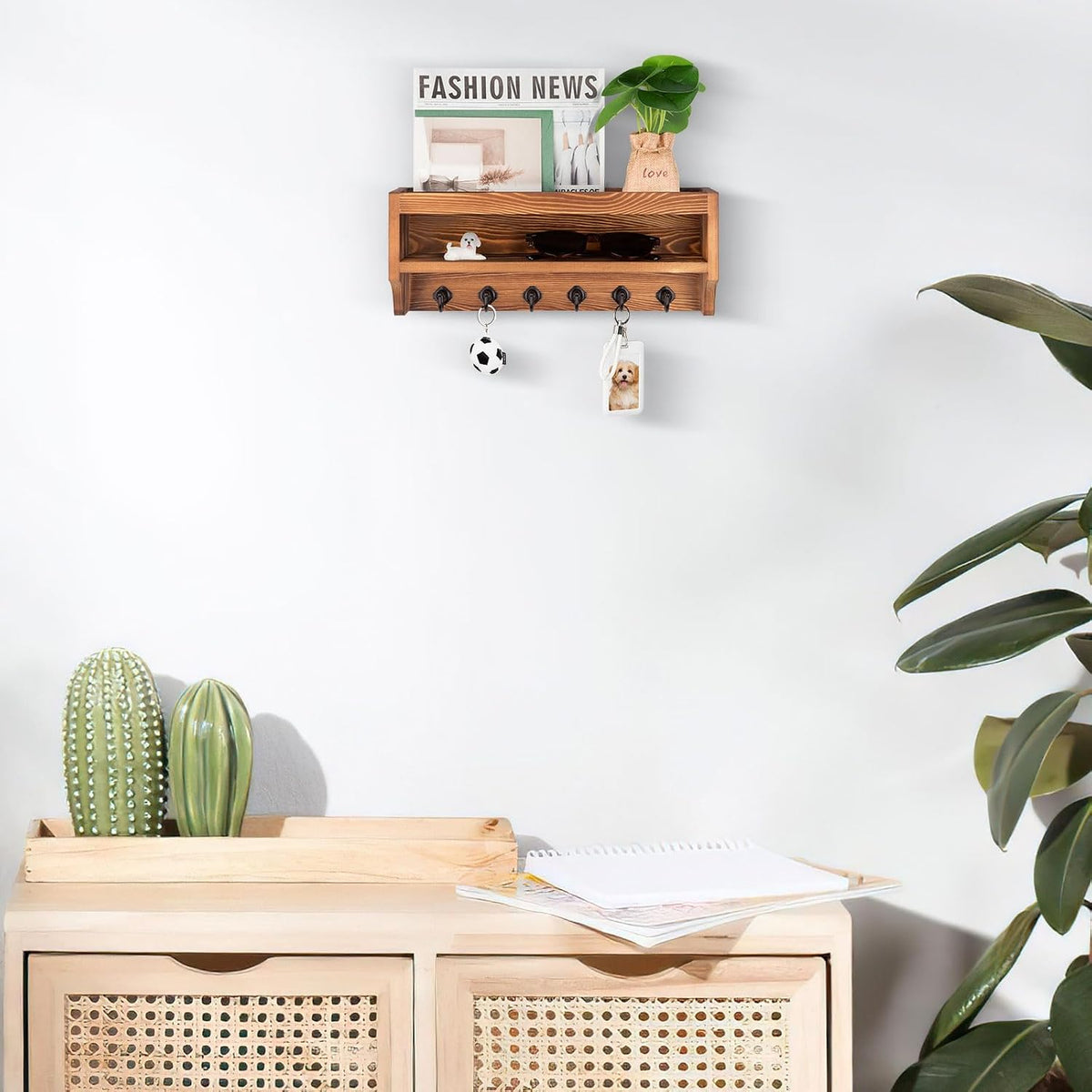 Nekon Key Holder Wall Mount, Pine Wooden Mail Organizer, Light Brown