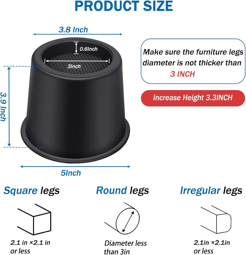 ANNKUT Bed Risers 4 Inch Heavy Duty, Round Furniture Risers for Bed Desk Table Sofa Couch，Bed Lifts Risers, Support up to 3300 Lbs(8 Pack Black)