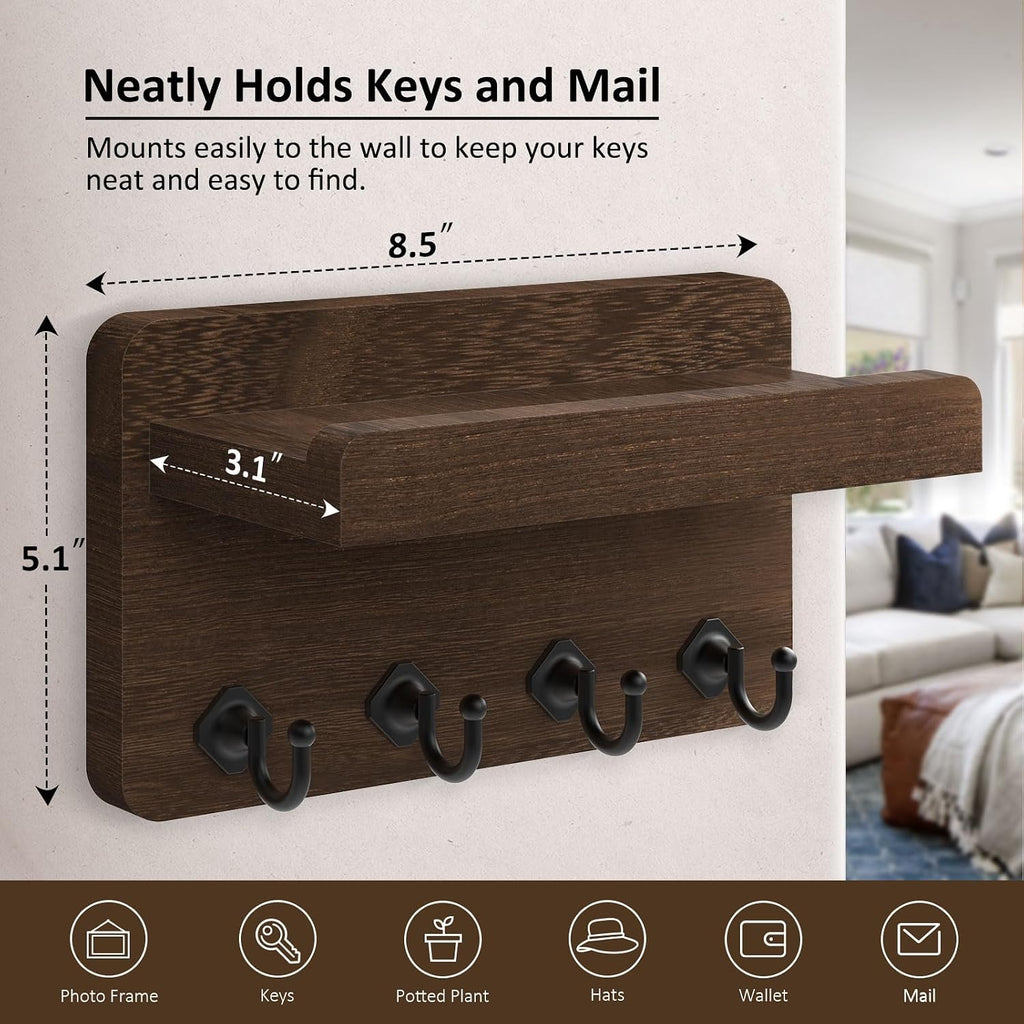 Nekon Key Holder Wall Mount, 8.5 Inch Small Wooden Wall Organizer, Brown
