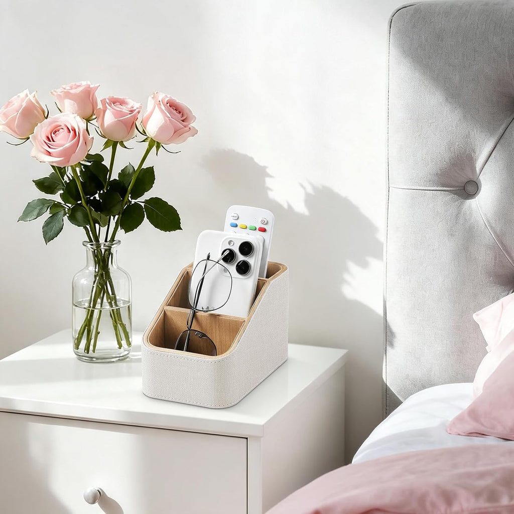 Remote Control Holder, PU Leather Nightstand Organizer (Linen)