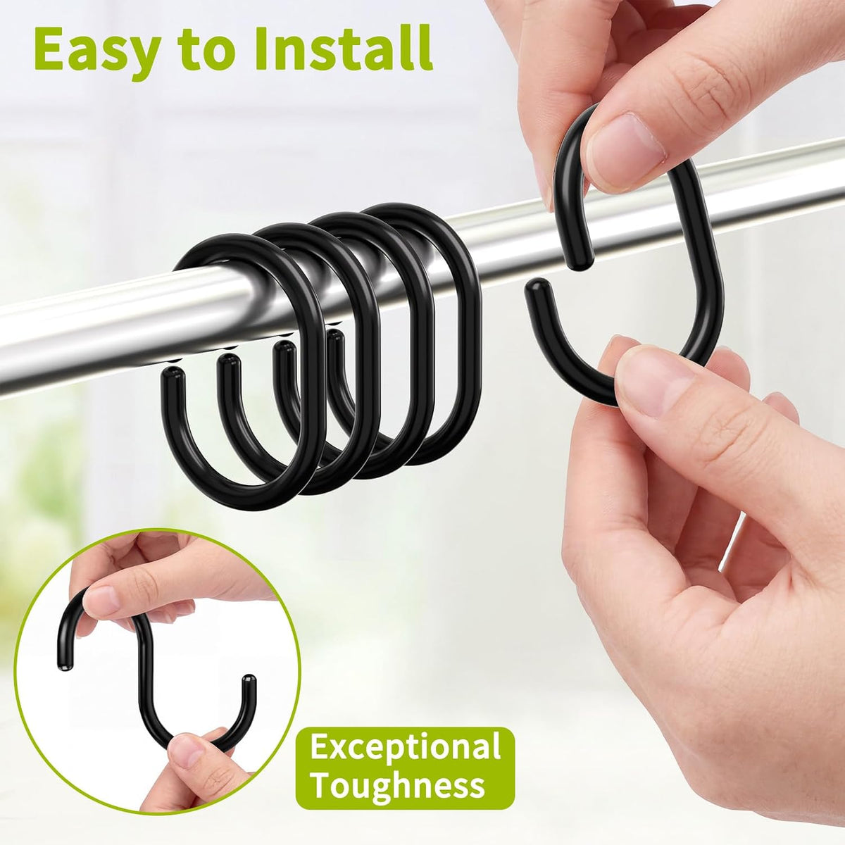 24 Pack Plastic Shower Curtain Hooks, Goowin C Shaped Black Shower Curtain Rings Rust Proof, Anti-Drop Shower Curtain Hangers Shower Hooks for Shower Curtain, Bathroom Shower Rings for Curtain, Black