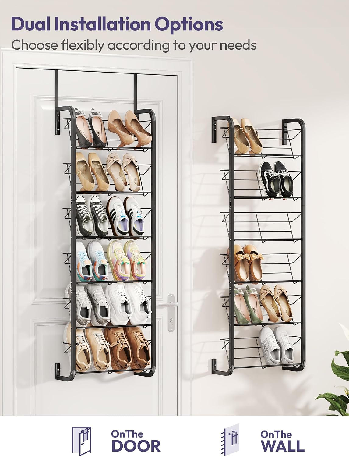 SWTYMIKI Over the Door Shoe Organizer - 6 Tier Wall Mount Shoe Rack for Door Storage- Heavy Duty Metal Hanging Shoes Shelf for Flats, Heels, Sneakers, Boots Black