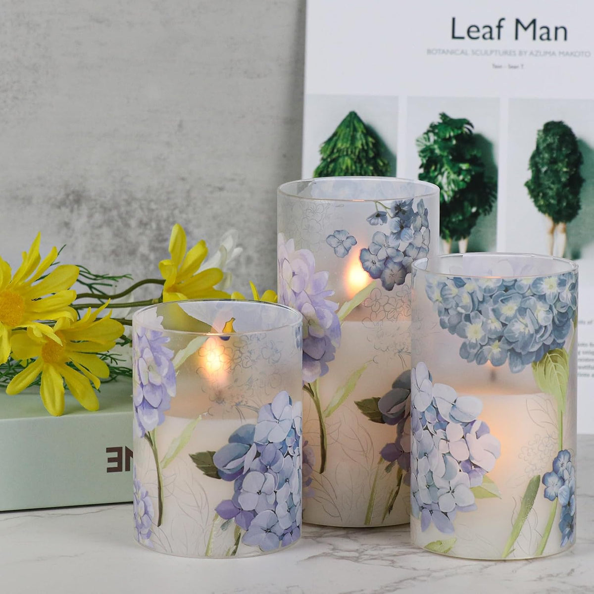 Hydrangea Glass Flameless Candles Batttery Operated Remote Timer