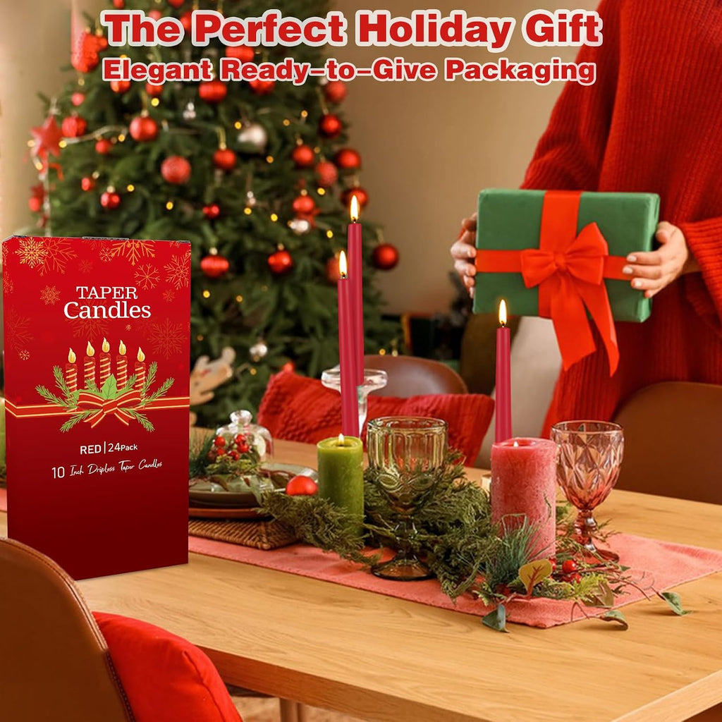 Red Taper Candles 24 Pack, 10 Inch Unscented Holiday Dinner Candles for Valentine's Day Table Decor, Wedding Centerpieces, Long-Lasting 7-8 Hour Burn Time, Premium Wax