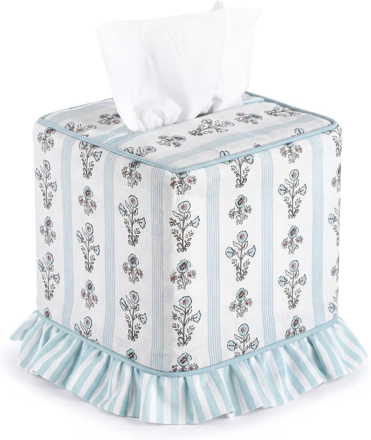 Grandmillennial Floral Ruffle Tissue Box Cover Block Printed