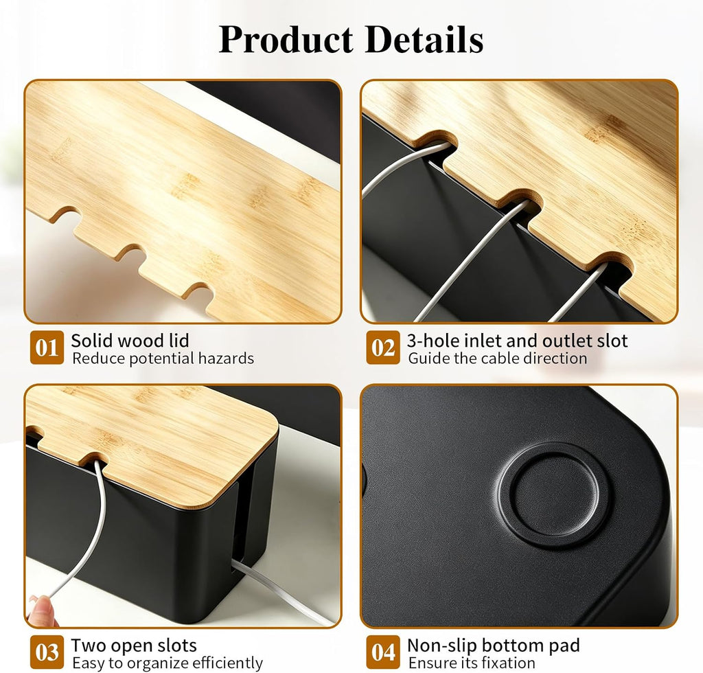 2 Pack Cable Management Box, Wooden Style Cord Organizer Box,Black