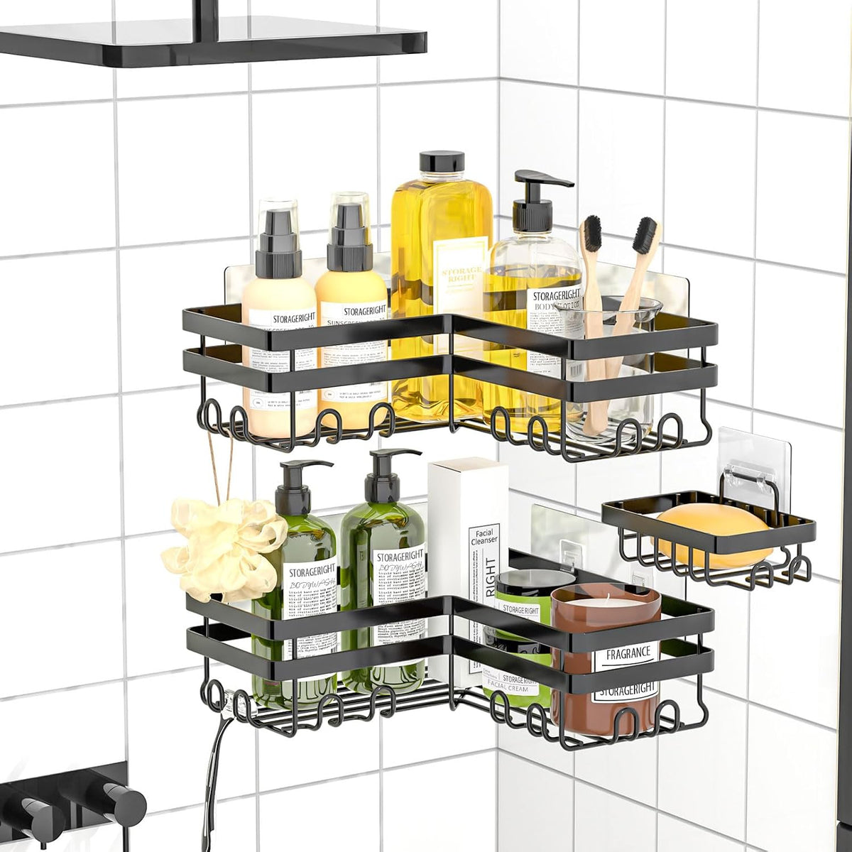 StorageRight Corner Shower Caddy, Adhesive Shower Organizer with Hooks