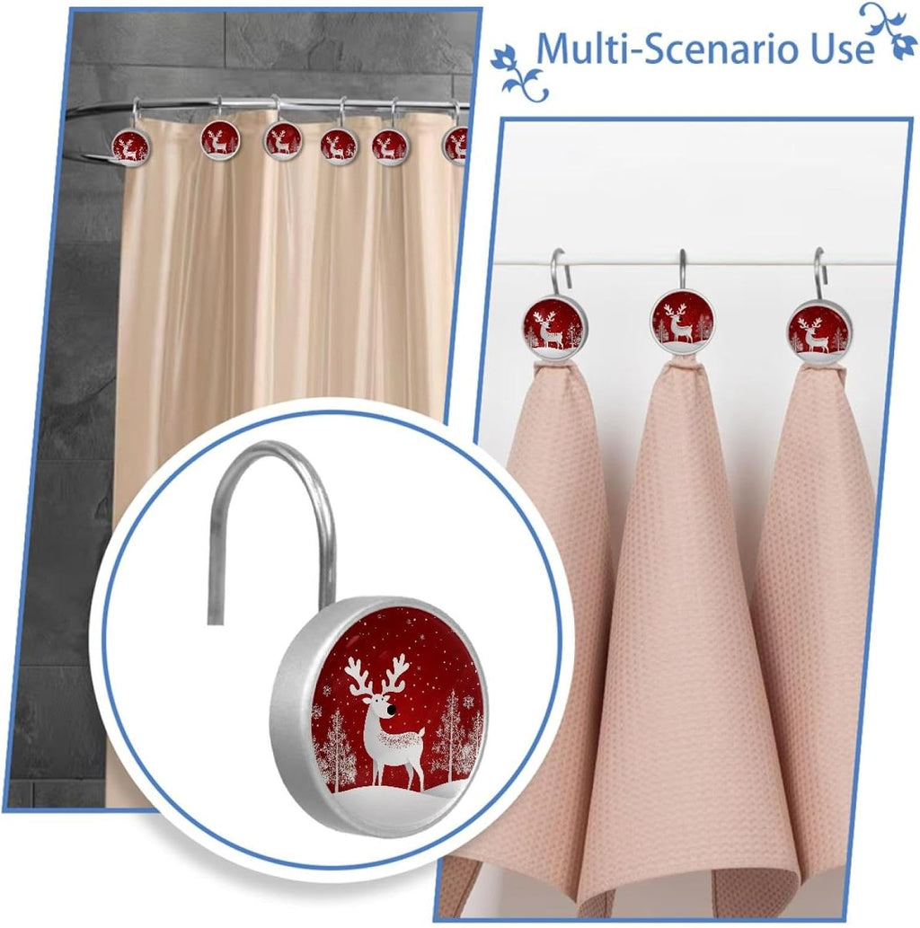 12 PCS Christmas Reindeer Shower Curtain Hooks, Rustproof Stainless Steel Decorative Shower Curtain Rings Hangers for Bathroom Living Room Bedroom Curtains Rods