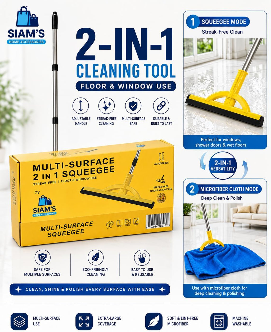 2-in-1 Heavy Duty Floor Squeegee and Water Broom with Telescopic Handle, EVA Foam Blade for Tile, Concrete, Marble, Garage, Patio and Shower Cleaning