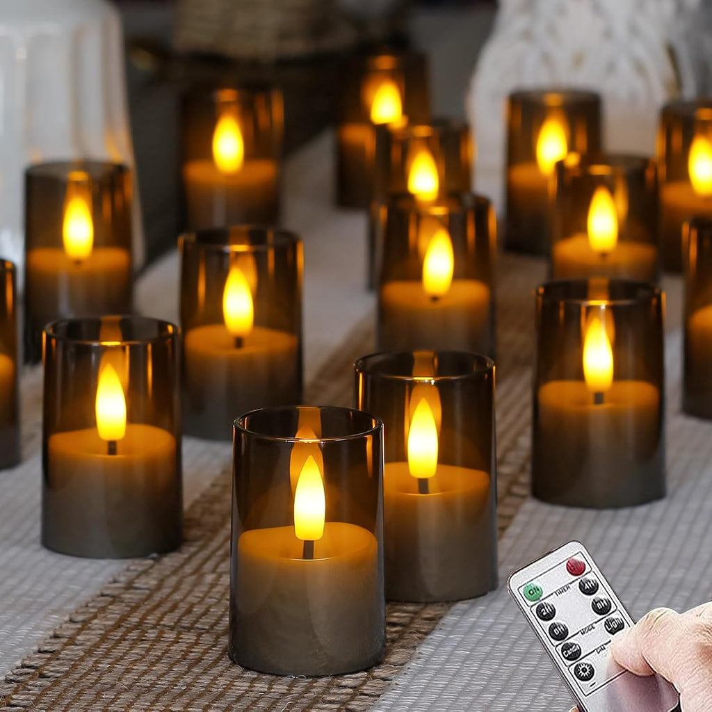 Flameless D: 1.7" H: 2.5" Small Tea Light LED Candles, Acrylic Battery Operated Votive with Remote Control and Timer, Tealight Grey Flickering Warm Light Pack of 15 Electric Long Lasting
