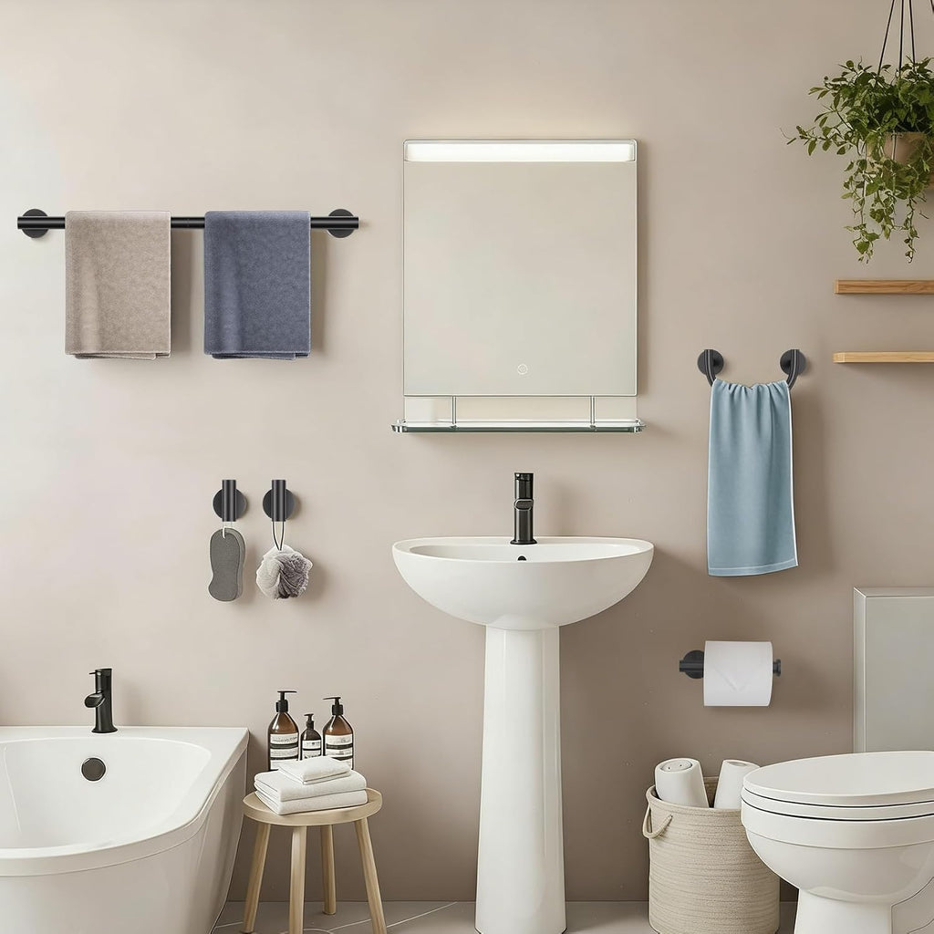 Matte Black Towel Bar Set, 5-Piece Bathroom Hardware Set with Smiley Face Towel Rings, Stainless Steel Wall-Mounted Towel Rack Set 23.6 Inch