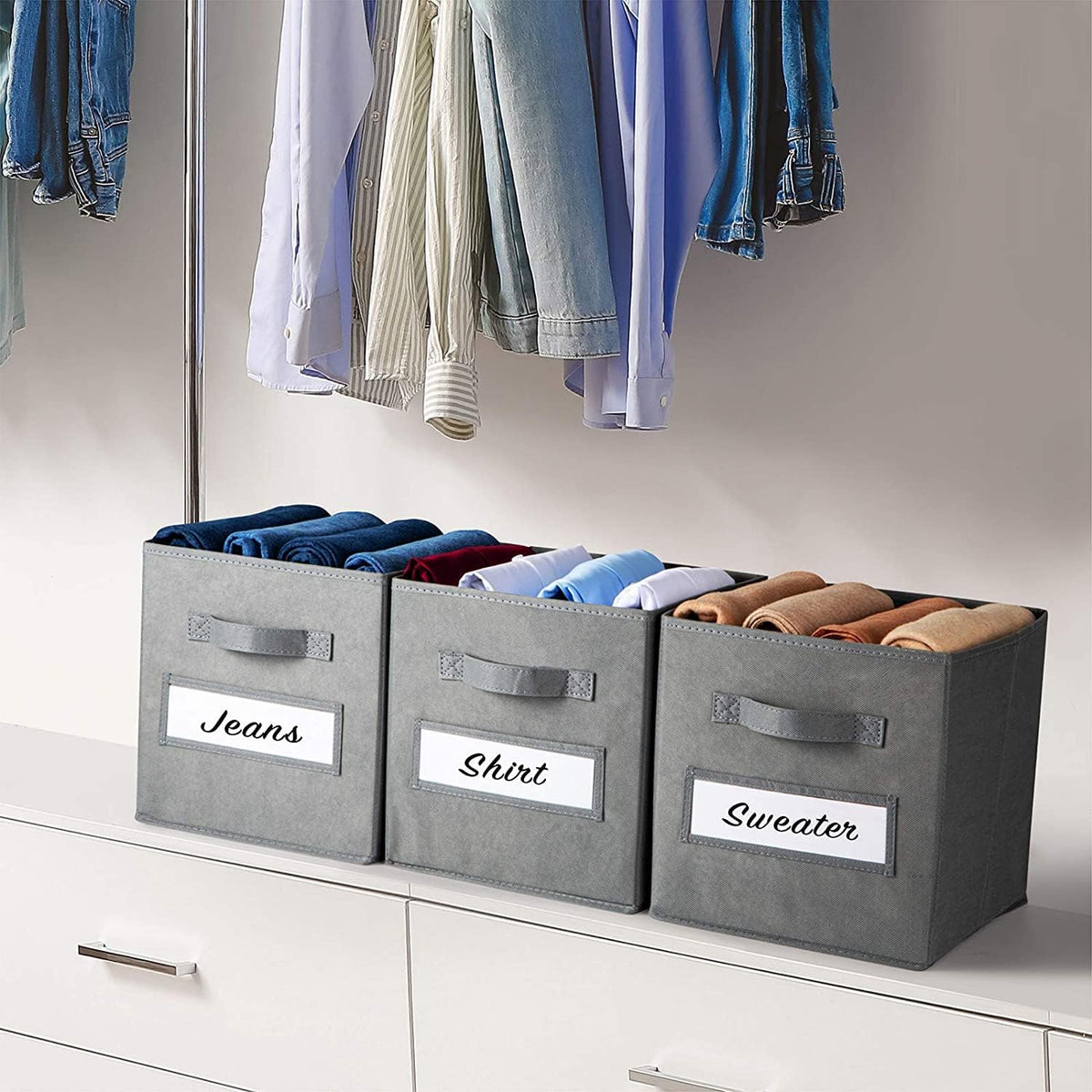 13x13x13 storage cube bins(Set of 8) Fabric storage cubes with 8 Labels Window Cards & a Pen, storage cubes 13x13, Collapsible 13 inch cube storage bins, Cubby Organizer Boxes, Gray