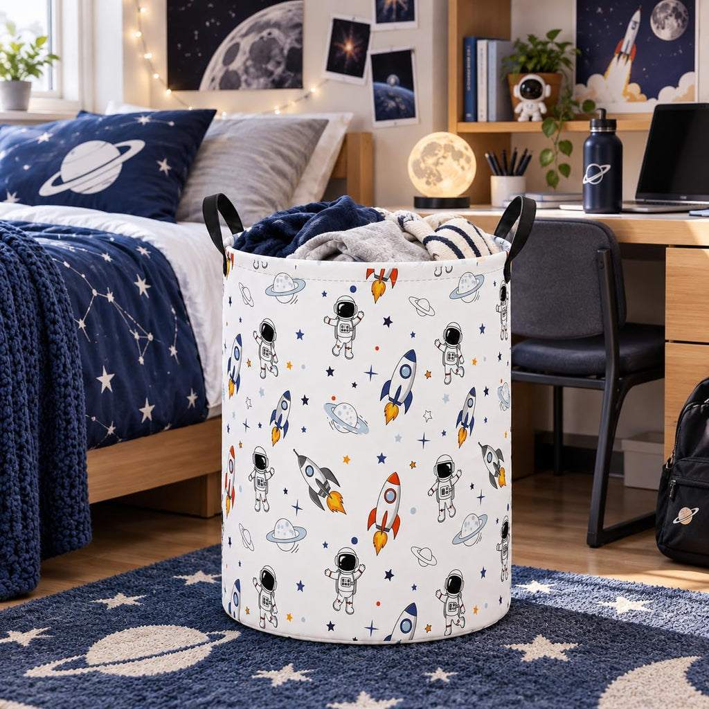 Space Laundry Hamper, Round Storage Basket with Handles, Foldable Cotton Linen Clothes Organizer Bin, Astronaut Rocket Planet Print for Bedroom, Nursery, College Dorm, Toy Storage