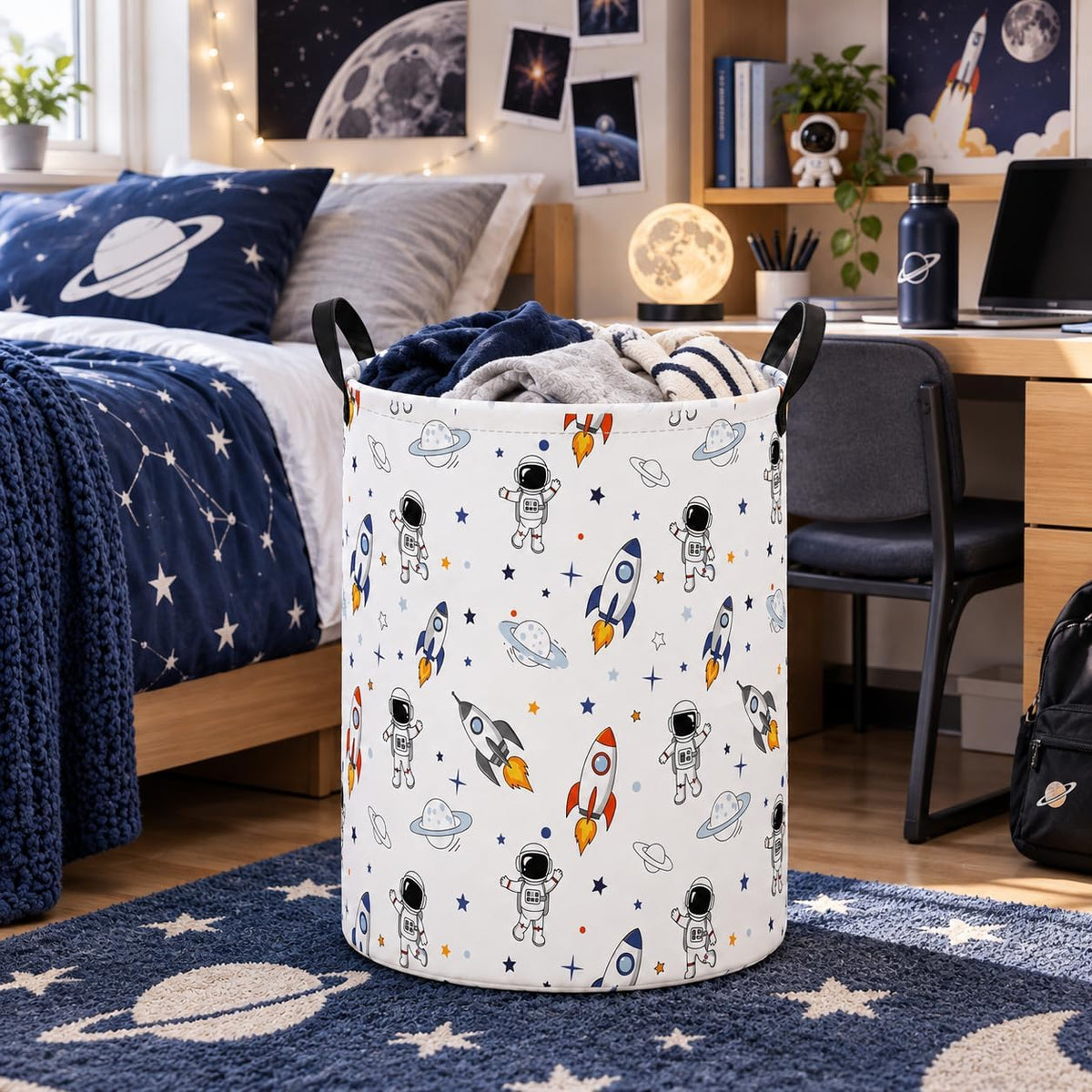 Space Laundry Hamper, Round Storage Basket with Handles, Foldable Cotton Linen Clothes Organizer Bin, Astronaut Rocket Planet Print for Bedroom, Nursery, College Dorm, Toy Storage