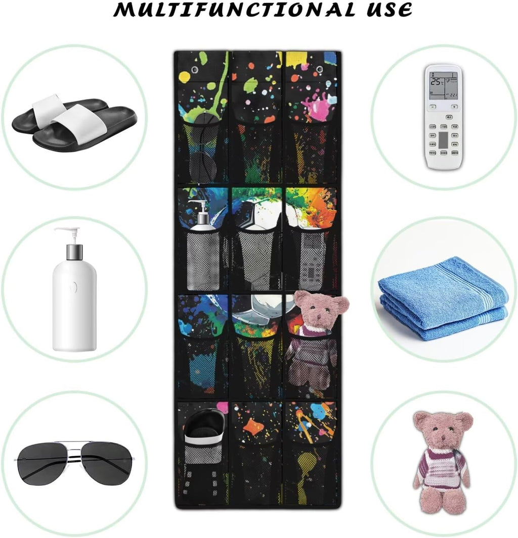 Soccer Ball Door Organizer Hanging Shoe Organizer for College Dorm Room 12 Compartment Breathable Mesh Pocket Over the Door Hanging Storage Bag for Kids Room