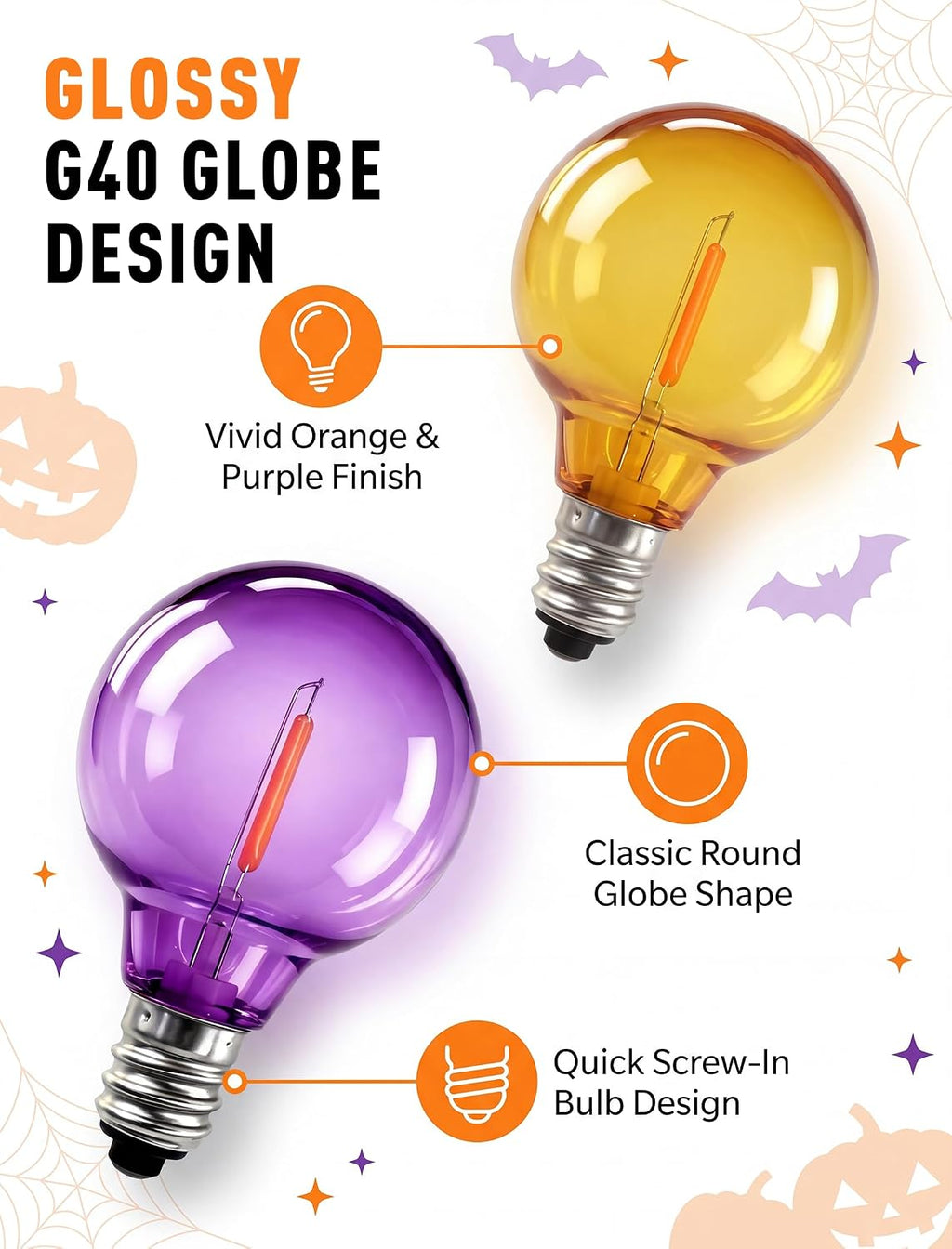 Abeja G40 Purple Orange LED Replacement Bulbs, 0.6W Halloween Bulb Shatterproof Waterproof Outdoor String Lights Bulb for Indoor Outdoor Halloween Patio String Lights, 25 Pack