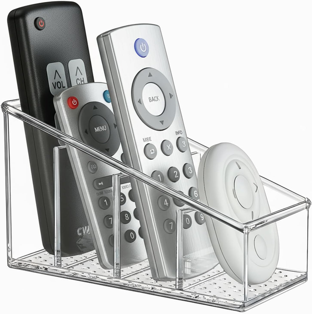 Clear TV Remote Control Holder, PET Remote Caddy with 4 Compartments, Mini Desktop Organizer for Remotes, Pens, Office Desk and Bedside