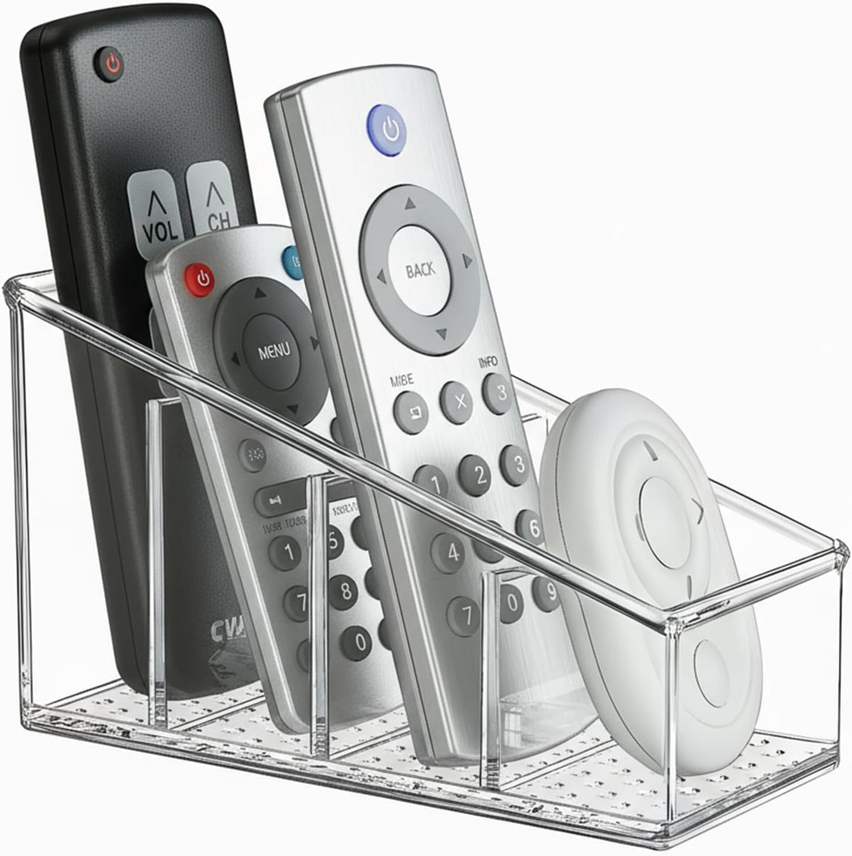 Clear TV Remote Control Holder, PET Remote Caddy with 4 Compartments, Mini Desktop Organizer for Remotes, Pens, Office Desk and Bedside