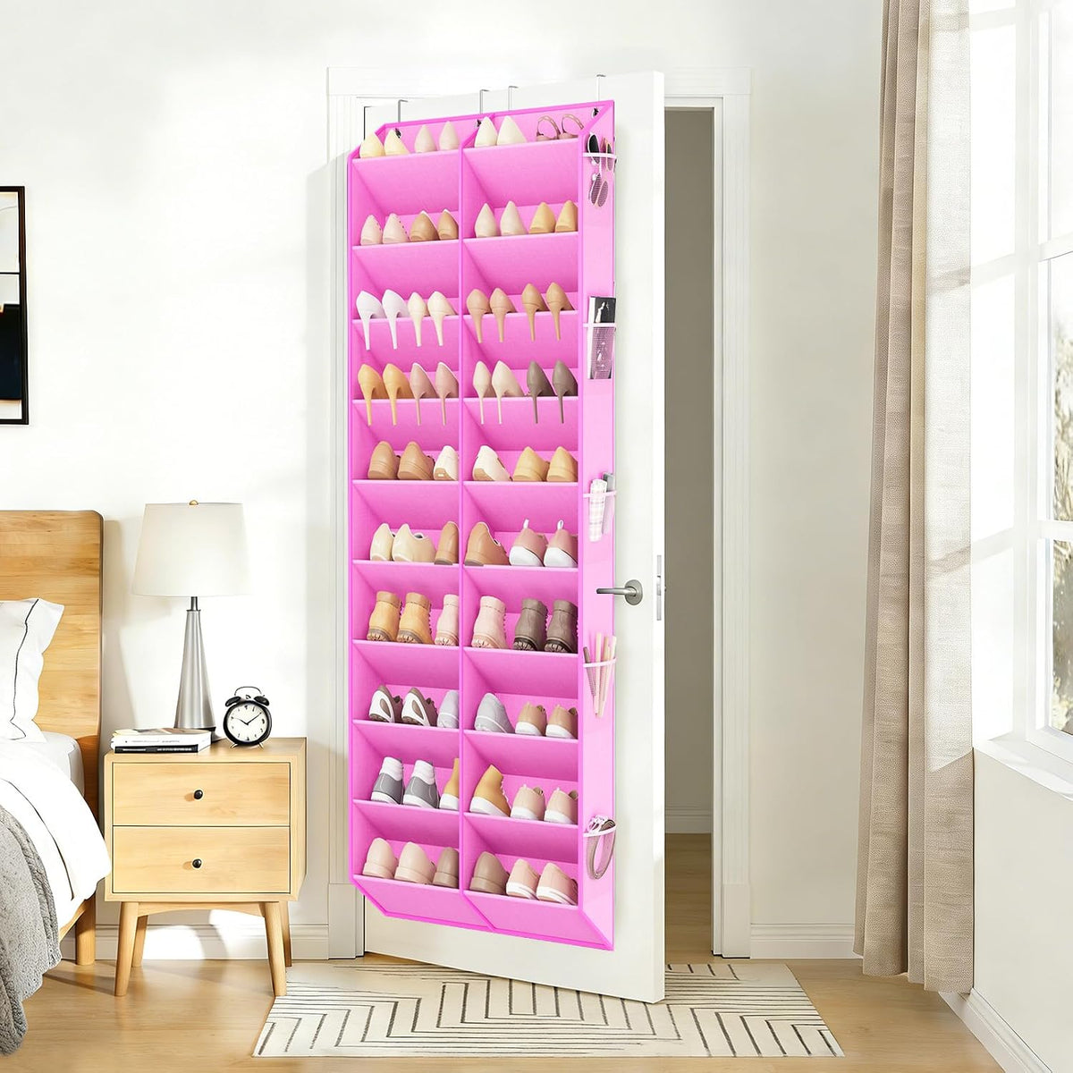 LANTEFUL Over the Door Shoe Organizer, Hanging Shoe Rack for Closet Door Shoe Storage for 30 Pairs Sneaker and Boots, Large Shoe Holder for Door with 10 Side Pockets, Space Saving, Pink