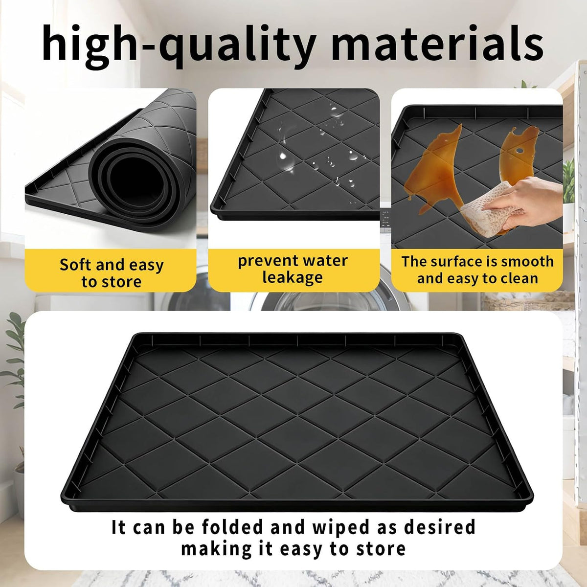 32" x 30" Foldable Washing Machine Drain Pan Silicone Mat,Black