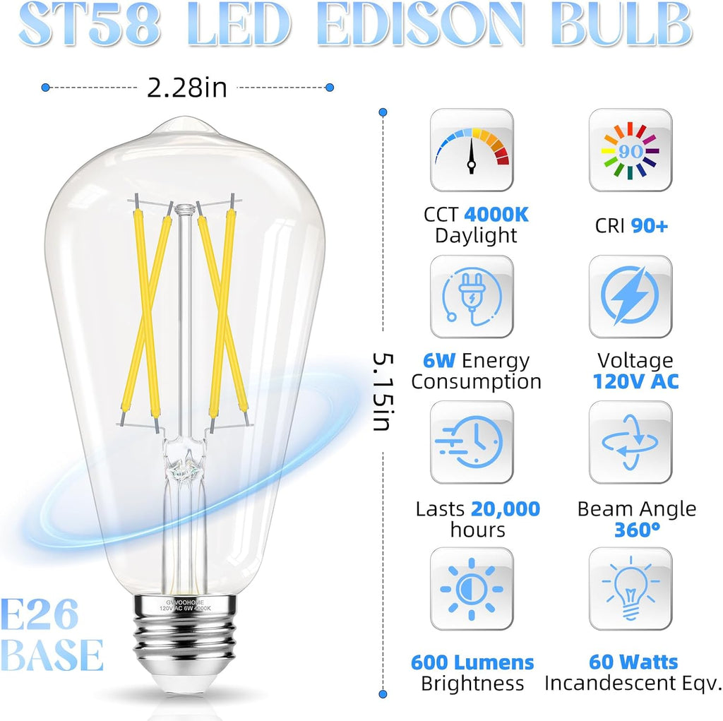 GvvooHome Edison Bulbs E26 LED Bulb 60 watt Equivalent 4000K Daylight White