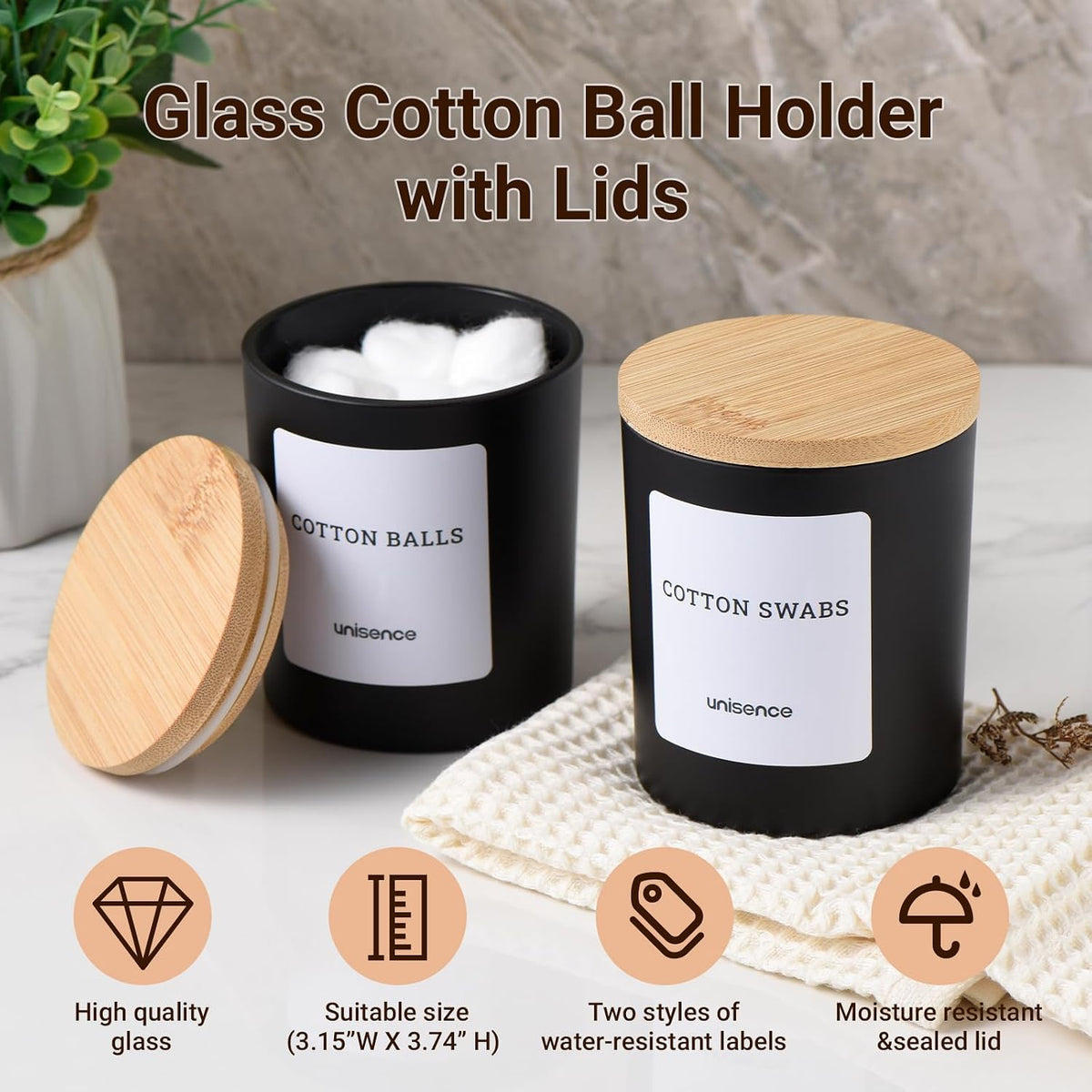 Glass Qtip Holder 2 Pack , Qtip Holder Dispenser Bathroom Set Bathroom Organizers and Storage Q tip Holder with Lid Makeup Storage Organizer for Cotton Swabs,Cotton Balls,Pads,Floss Picks ,Black
