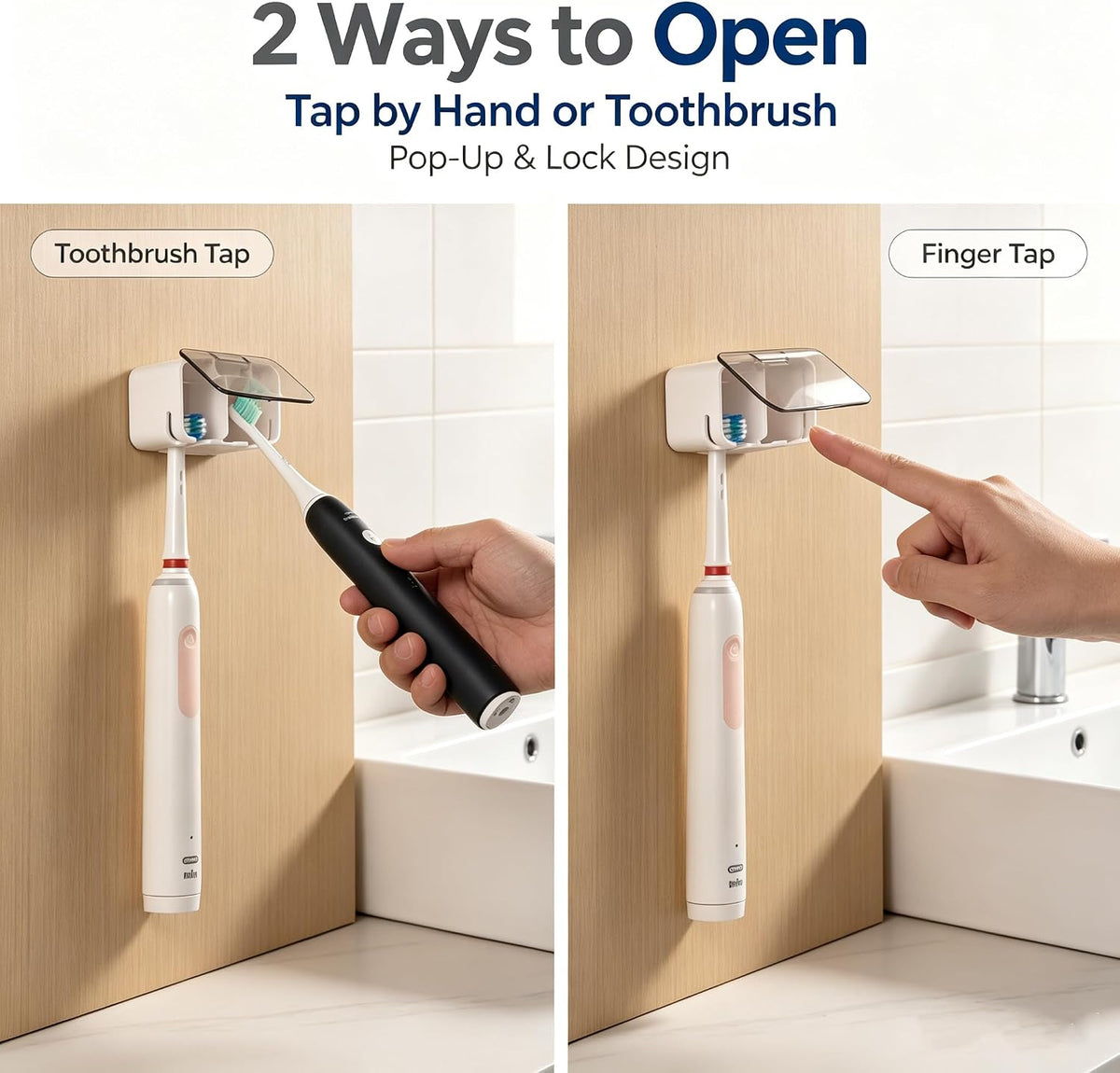 Toothbrush Holder Wall Mounted with Pop-Up Waterproof Cover, 2 Slots & Ventilated, No-Drill Adhesive Bathroom Organizer, Detachable Easy Clean, Fits Most Manual & Electric Toothbrushes (2pc Grey)