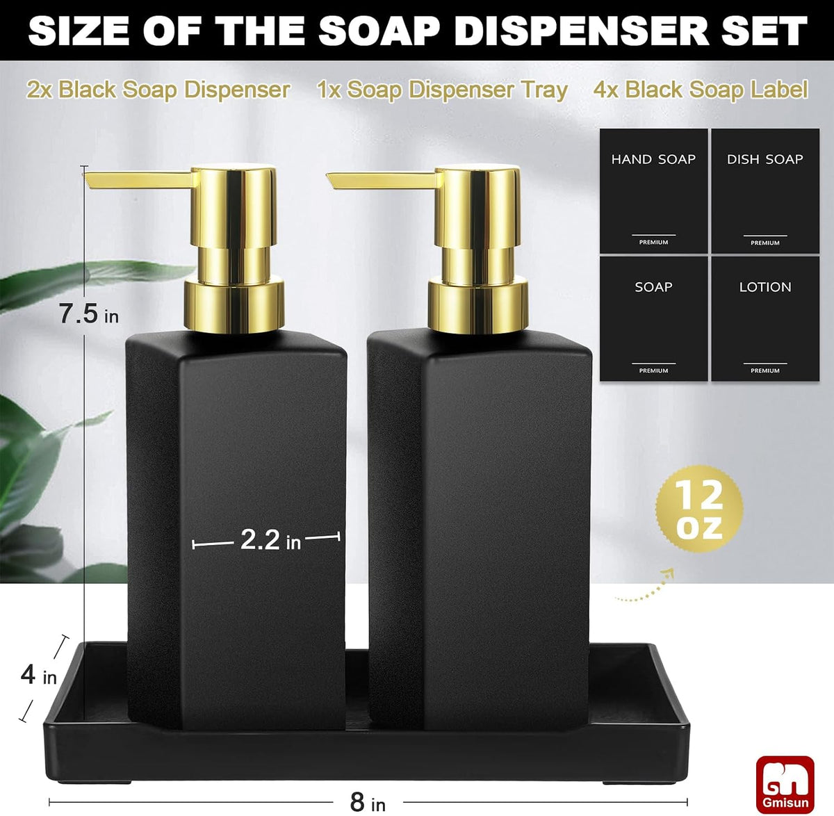 GMISUN Kitchen Soap Dispenser Set with Tray, Dish Soap Dispensers for Kitchen, 12fl oz/350ml Hand and Dish Soap Dispenser Set, Black Soap Dispensers with Gold Pump, Glass Liquid Soap and Lotion Bottle