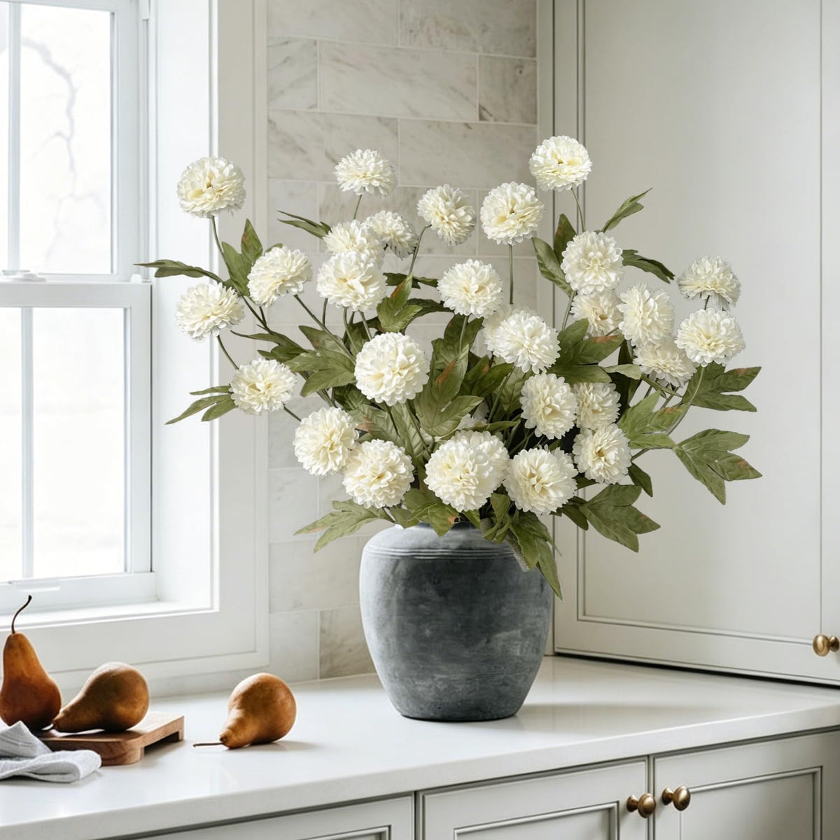 6PCS Cream Mums Long Stem Faux Fall Flowers Realistic Artificial Fall Flowers Indoor 25.5" Faux Silk Mums Flower Stems for Vases Flowers Artificial for Decoration Farmhouse Home Decor