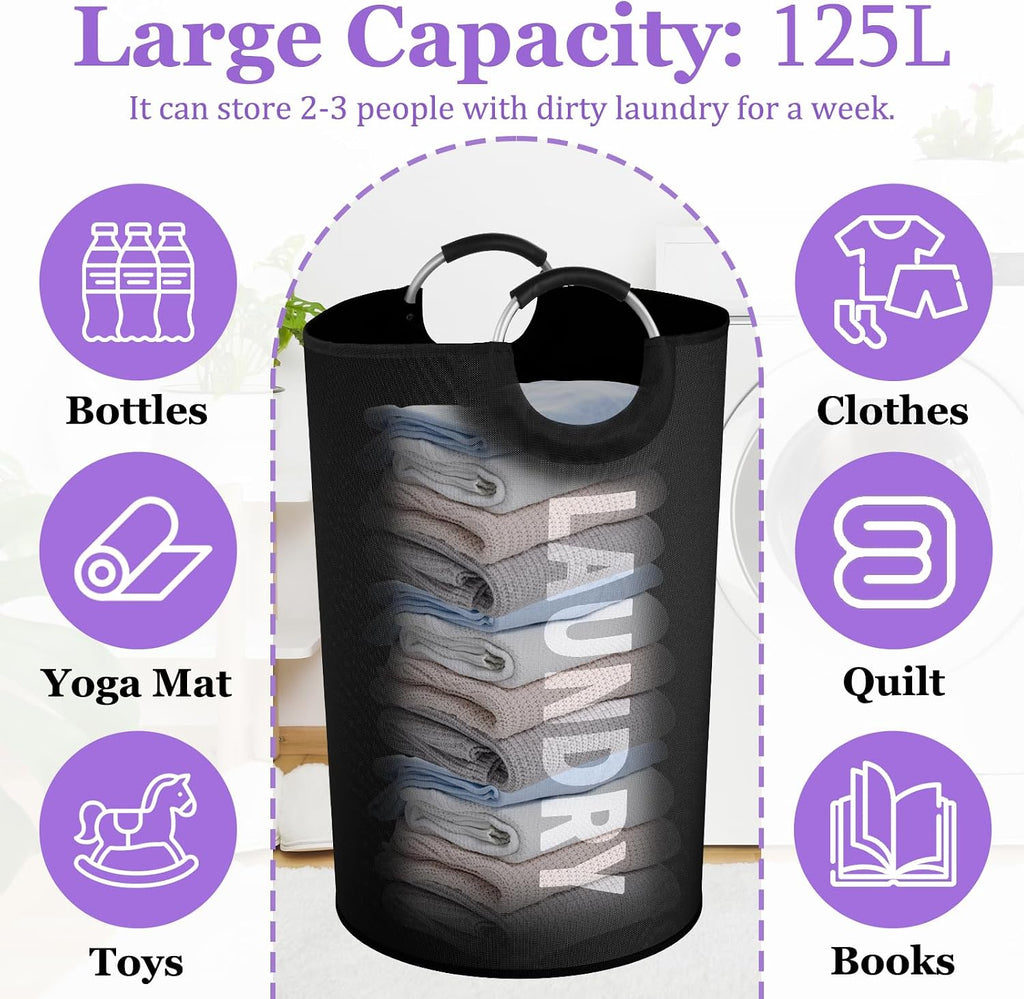 125L Extra Large Laundry Basket with Handles, Collapsible Clothes Hamper for Bedroom, Independent Dirty Clothes Basket, Portable Laundry Bin for Hotel, Dorm, Black